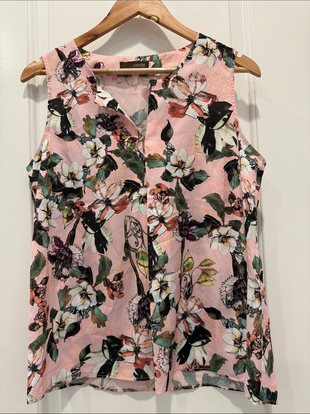 crosby. Pink Floral Sleeveless V-Neck Blouse